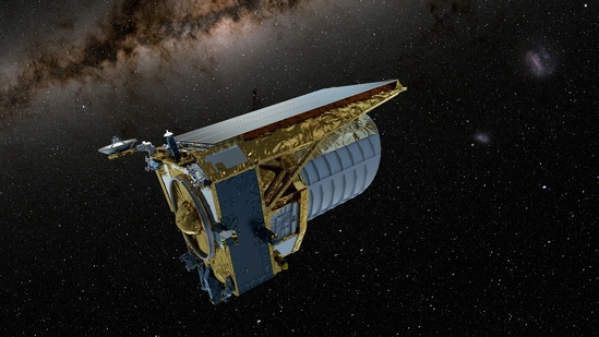 An artist's concept shows the Euclid space telescope, built by the European Space Agency (ESA) that is set to be launched by a SpaceX Falcon 9 rocket, in operation, in this undated handout image. (via Reuters)