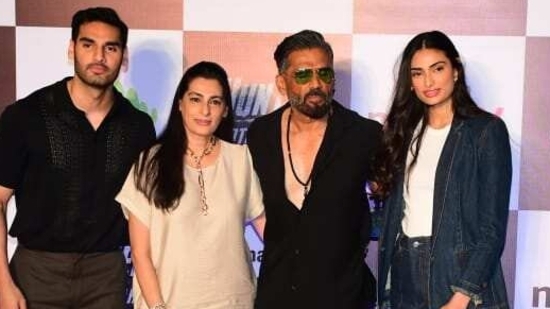 Suniel Shetty with his wife Mana Shetty, daughter Athiya Shetty and son Ahan Shetty at the screening. (Varinder Chawla) Suniel Shetty with his wife Mana Shetty, daughter Athiya Shetty and son Ahan Shetty at the screening. (Varinder Chawla)