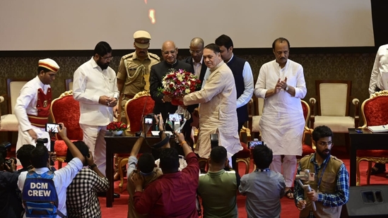 NCP leader Dilip Walse Patil after taking oath as a minsiter along with eight other MLAs at Raj Bhavan.(HT Photo/Anshuman poyrekar)