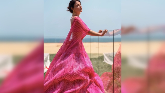 Sharing a set of photos Radhika Madan captioned her post, "Flamingo-ing." Sara Ali Khan replied to her post and wrote, "And glowing." (Instagram/@radhikamadan)