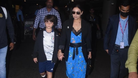 Shah Rukh Khan's wife and interior designer Gauri Khan was seen with son Abram Khan at the Mumbai airport Wednesday morning. They accompanied Shah Rukh from Los Angeles. (Varinder Chawla)