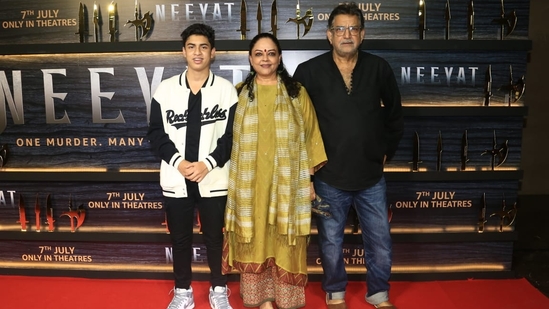 Tanvi Azmi with husband Baba Azmi at Neeyat's star-studded screening in Mumbai on Monday. The film is due in theatres on July 7 and is a murder mystery directed by Anu Menon. 