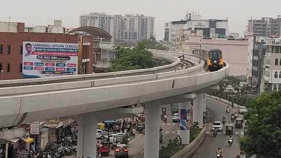 The Agra Metro captured during its trial run on Tuesday. (HT Photo) The Agra Metro captured during its trial run on Tuesday. (HT Photo)