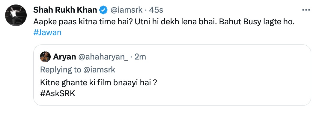 Shah Rukh Khan answered a question about Jawan's running time. Shah Rukh Khan answered a question about Jawan's running time.