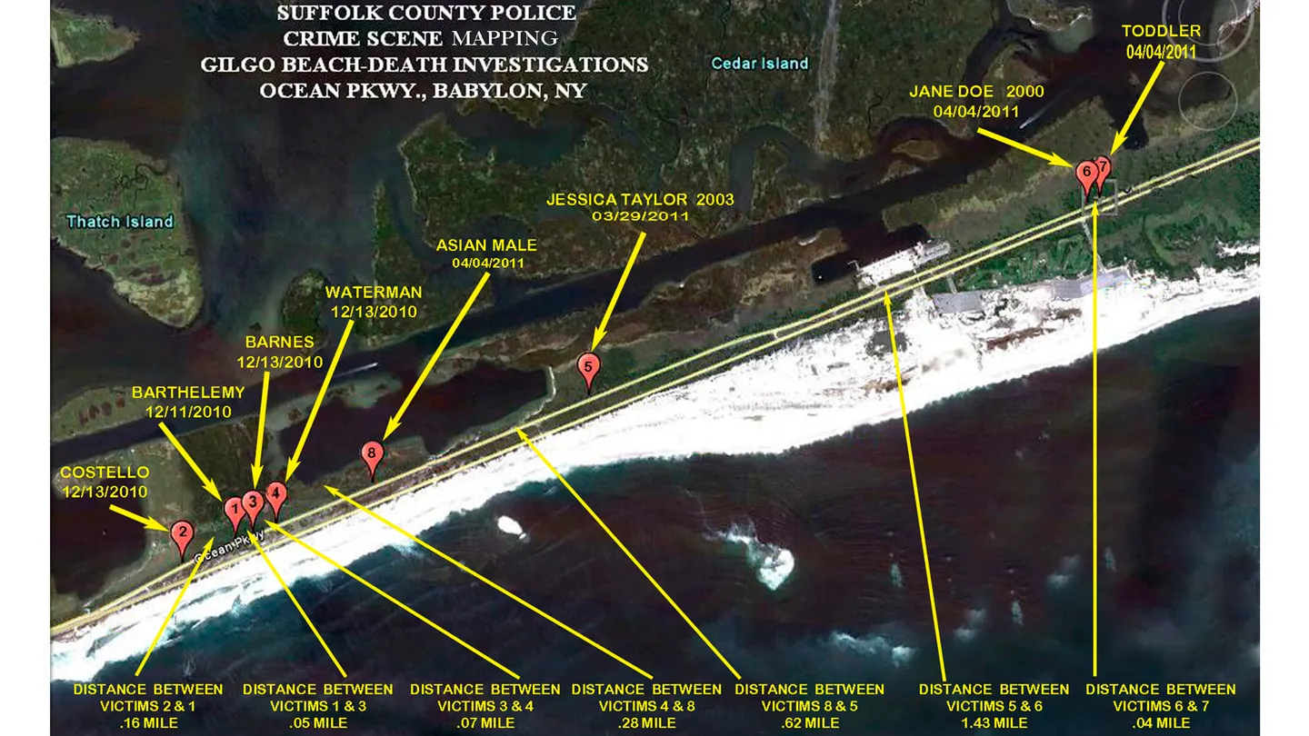 The locations where eight of 10 bodies were found near Gilgo Beach since December 2010 are seen in this Suffolk County Police handout image. (Reuters/Courtesy of Suffolk County Police) The locations where eight of 10 bodies were found near Gilgo Beach since December 2010 are seen in this Suffolk County Police handout image. (Reuters/Courtesy of Suffolk County Police)
