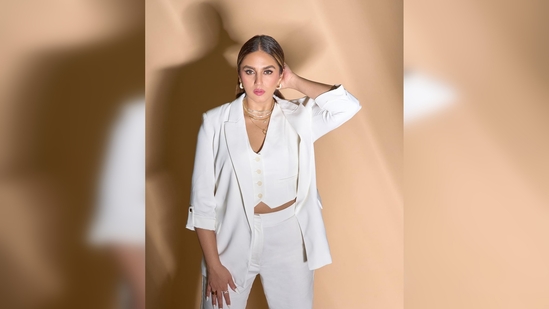 Huma Qureshi teamed her chic look with a pair of white stripped stilettoes. (Instagram/@humaqureshi)