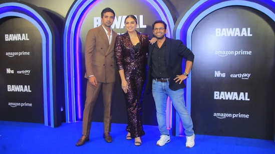 Saqib Saleem with sister and actor Huma Qureshi were spotted at Bawaal screening. Huma was also joined by her Tarla co-star Sharib Hashmi. All three of them posed together at the event. 