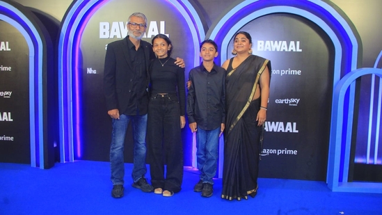 Nitesh Tiwari has directed Bawaal and his filmmaker wife Ashwiny Iyer Tiwari has penned the story of the film. The couple attended the Bawaal screening with daughter Aaradhya Tiwari and son Amaarisa Tiwari.