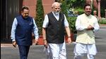 PM Narendra Modi, accompanied by ministers Jitendra Singh (left), Pralhad Joshi (right), V Muraleedharan and Arjun Ram Meghwal, made a statement to the media at parliament complex (HT Photo/Sanjeev Verma) PM Narendra Modi, accompanied by ministers Jitendra Singh (left), Pralhad Joshi (right), V Muraleedharan and Arjun Ram Meghwal, made a statement to the media at parliament complex (HT Photo/Sanjeev Verma)