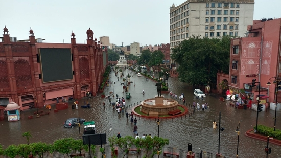 Visuals from Heritage Street in Punjab's Amritsar. The city recorded 32.6 mm rainfall in the past 24 hours. (Sameer Sehgal/ Hindustan Times)