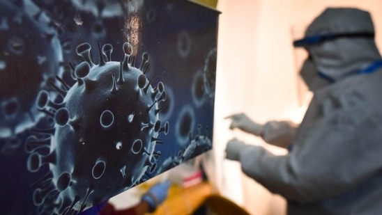 An illustration of the novel coronavirus seen next to a health care worker at a Covid-19 testing centre. An illustration of the novel coronavirus seen next to a health care worker at a Covid-19 testing centre.