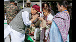 Defence minister Rajnath Singh interacts with the war Heroes, Veer Naris and the families of Bravehearts at Kargil War Memorial on the occasion of Kargil Vijay Diwas, in Drass, Ladakh on Wednesday. (PTI) Defence minister Rajnath Singh interacts with the war Heroes, Veer Naris and the families of Bravehearts at Kargil War Memorial on the occasion of Kargil Vijay Diwas, in Drass, Ladakh on Wednesday. (PTI)