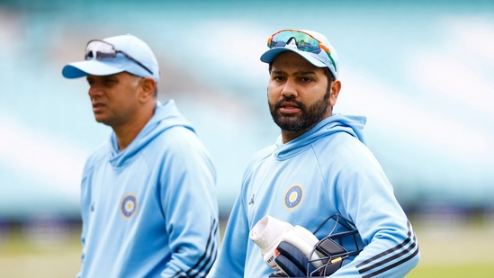  India's Rohit Sharma with head coach Rahul Dravid during practice (Reuters)