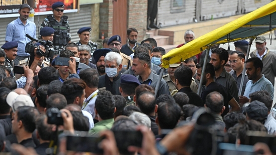 Jammu and Kashmir Lieutenant Governor Manoj Sinha participating in Muharram procession on the tenth day of Muharram,at Bota Kadal area in Srinagar,on 29 July 2023.(Photo By Waseem Andrabi /Hindustan Times)
