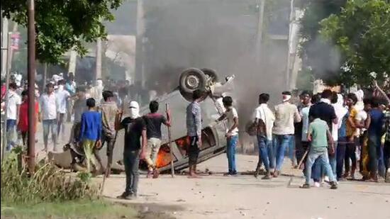 During the clashes in Nuh on Monday. (HT PHOTO) During the clashes in Nuh on Monday. (HT PHOTO)