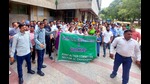 Members of the GMCH Employees and Workers Joint Action Committee staging a protest on the hospital premises on Wednesday. (HT Photo) Members of the GMCH Employees and Workers Joint Action Committee staging a protest on the hospital premises on Wednesday. (HT Photo)