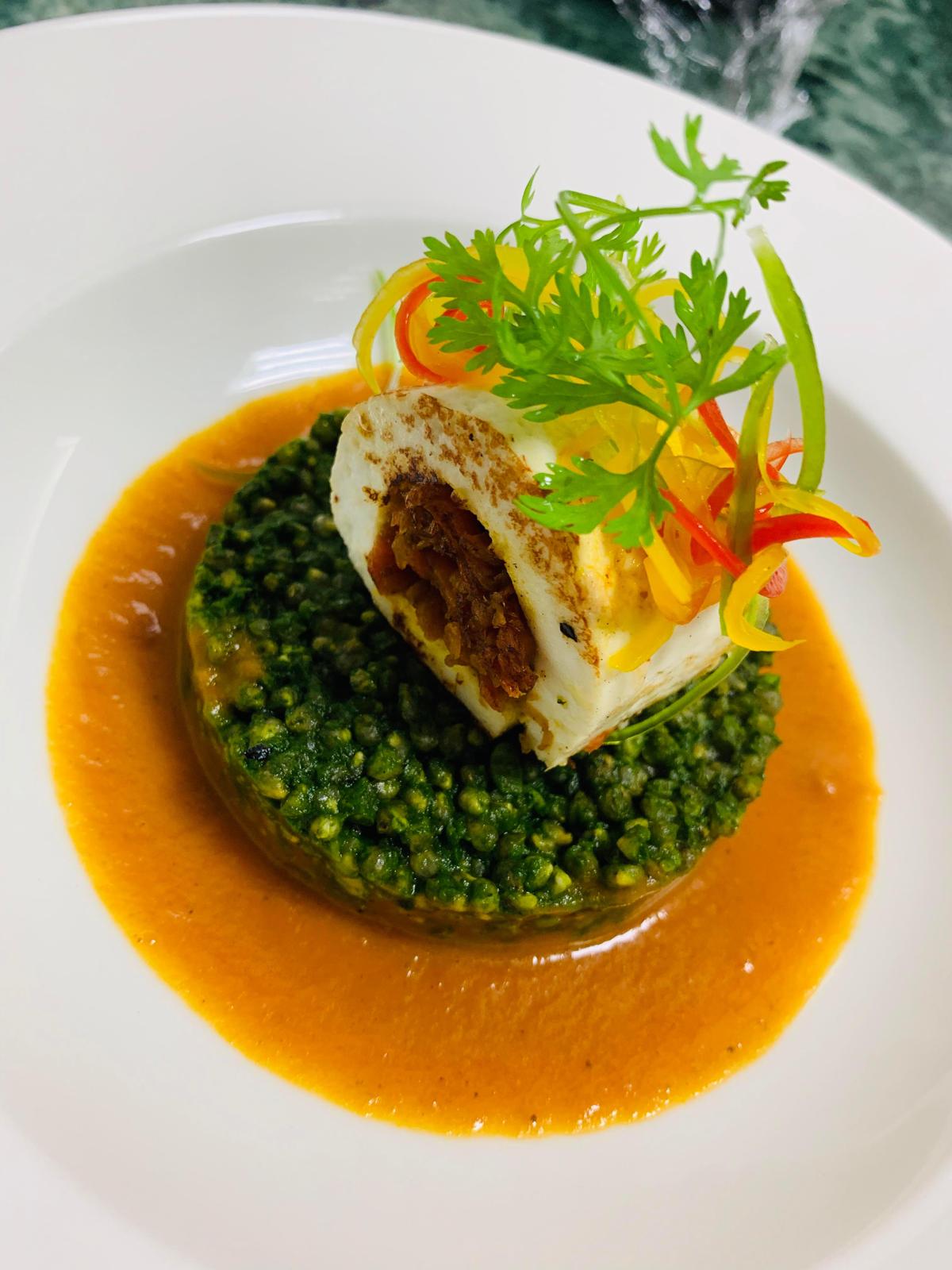 Flavorful stuffed cottage cheese roulette accompanied by tossed buckwheat and vibrant tomato coulis in perfect for your I-day celebrations.(Chef Abhishek Kulshrestha) Flavorful stuffed cottage cheese roulette accompanied by tossed buckwheat and vibrant tomato coulis in perfect for your I-day celebrations.(Chef Abhishek Kulshrestha)