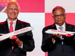 Tata Sons chairman N Chandrashekaran and Air India CEO and MD Campbell Wilson during the unveiling of Air India's new logo in New Delhi on Thursday.(PTI) Tata Sons chairman N Chandrashekaran and Air India CEO and MD Campbell Wilson during the unveiling of Air India's new logo in New Delhi on Thursday.(PTI)