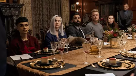 From left: Sauriyan Sapkota as Prospero Usher, Kate Siegel as Camille L'Espanaye, Rahul Kohli as Napoleon Usher, Matt Biedel as Bill-T Wilson, Samantha Sloyan as Tamerlane Usher, and Mark Hamill as Arthur Pym in 'Fall of the House of Usher.' EIKE SCHROTER/NETFLIX From left: Sauriyan Sapkota as Prospero Usher, Kate Siegel as Camille L'Espanaye, Rahul Kohli as Napoleon Usher, Matt Biedel as Bill-T Wilson, Samantha Sloyan as Tamerlane Usher, and Mark Hamill as Arthur Pym in 'Fall of the House of Usher.' EIKE SCHROTER/NETFLIX
