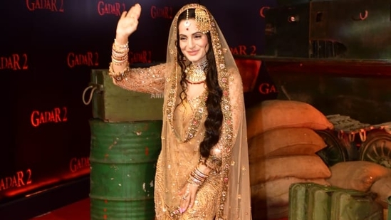 Ameesha Patel looked stunning in a sequinned beige and golden sharara at the Gadar 2 screening. She looked no less than a bride with heavy traditional jewellery. 