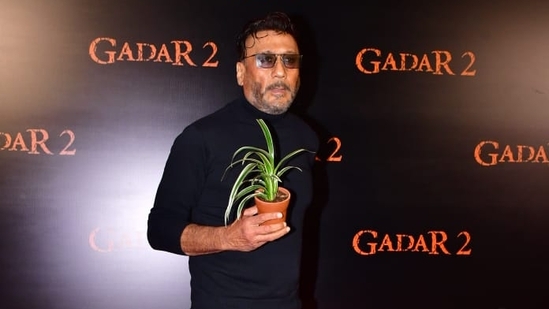 Jackie Shroff brought a plant as a gift as usual at the premiere of Gadar 2 in Mumbai on Friday. He has worked with Sunny Deol in films like Border, Tridev and many more. 