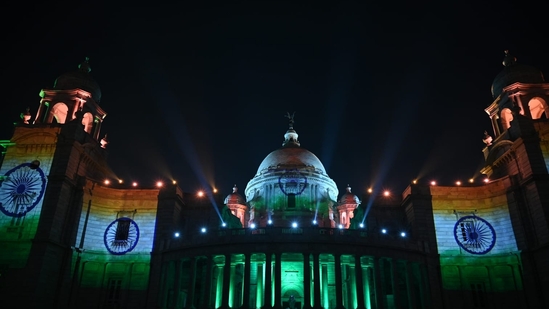 Tricolour illumination of Victoria Memorial Hall on the eve of Independence Day in Kolkata on Monday.(Photo Samir Jana/ Hindustan Times)