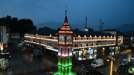 A view of the newly renovated Clock Tower (Ghanta Ghar) illuminated with Tricolour on the eve of Independence Day, at Lal Chowk, in Srinagar, on Monday. (Photo By Waseem Andrabi /Hindustan Times)