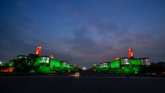 Tricolour lights at North and South Block from Raisina Hills ahead of Independence Day, in New Delhi, on Monday.(Photo by Raj K Raj/ Hindustan Times)