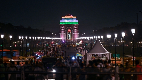 Lights display with Tricolour at India Gate ahead of Independence Day, in New Delhi, India, on Monday, August 14.(Photo by Raj K Raj/ Hindustan Times)