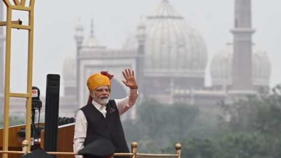Prime minister Narendra Modi at the Red Fort on the 77th Independence Day. (Raj K Raj/HT) Prime minister Narendra Modi at the Red Fort on the 77th Independence Day. (Raj K Raj/HT)