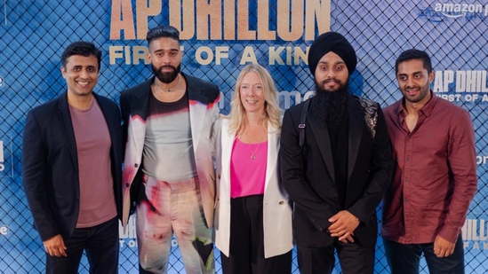 Nikhil Madhok, Head of Hindi Originals, Prime Video India, the executive producers of PASSION Pictures, Amy Foster, Shinda Kahlon and series director Jay Ahmed join AP Dhillon at the screening of AP Dhillon: First of a Kind. 