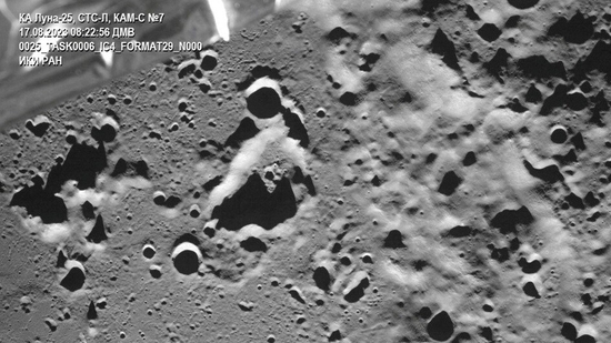 A picture taken from the camera of the lunar landing spacecraft Luna-25 shows the Zeeman crater located on the far side of the moon.(via Reuters)