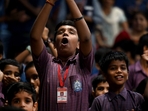 School students watching the live telecast of Chandrayaan-3 landing on the Moon at Sector 20 Brahmananda Public School, in Noida, India, on Wednesday. (Hindustan Times) School students watching the live telecast of Chandrayaan-3 landing on the Moon at Sector 20 Brahmananda Public School, in Noida, India, on Wednesday. (Hindustan Times)