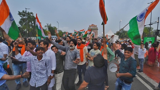 BJP leaders celebrate and cheer as the Chandrayan-3's Vikaram Lander successfully lands on the Moon South pole. (Hindustan Times)