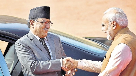 Prime Minister Narendra Modi and Nepalese counterpart Pushpa Kamal Dahal Prachanda. (Ajay Aggarwal/HT)