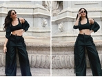 On day 2 in Paris, Alaya F opts for an all-black attire, combining a crop top, baggy cargo pants, and a cropped jacket. (Instagram/@alayaf) On day 2 in Paris, Alaya F opts for an all-black attire, combining a crop top, baggy cargo pants, and a cropped jacket. (Instagram/@alayaf)
