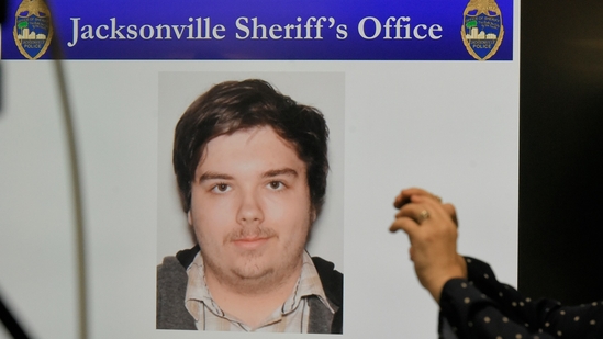 A photograph of shooter Ryan Christopher Palmeter is shown on a video monitor during Sheriff T.K. Waters' press conference at the Jacksonville Sheriff's Office headquarters building in Jacksonville, Fla., Sunday, Aug, 27, 2023. (Bob Self/The Florida Times-Union via AP)(AP) A photograph of shooter Ryan Christopher Palmeter is shown on a video monitor during Sheriff T.K. Waters' press conference at the Jacksonville Sheriff's Office headquarters building in Jacksonville, Fla., Sunday, Aug, 27, 2023. (Bob Self/The Florida Times-Union via AP)(AP)