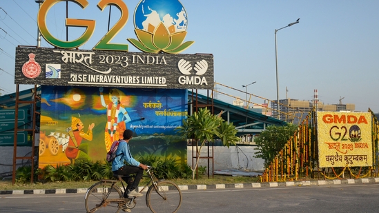 A man rides a bicycle past installations of the G20 Summit,(PTI) A man rides a bicycle past installations of the G20 Summit,(PTI)