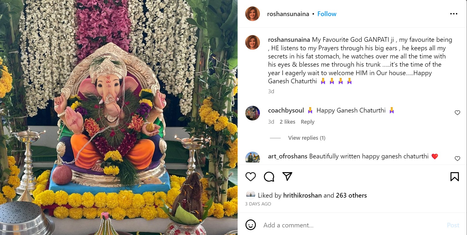 Sunaina Roshan shares glimpse of Ganesh Chaturthi celebration. Sunaina Roshan shares glimpse of Ganesh Chaturthi celebration.