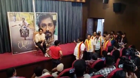 Sidharth was at a promotional event for Chithha when some protestors walked in. Sidharth was at a promotional event for Chithha when some protestors walked in.