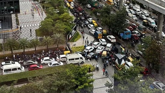 Vehicles stranded in a massive traffic congestion in Outer Ring Road corridor in Bengaluru on Wednesday. (Mahadevapura Task Force) Vehicles stranded in a massive traffic congestion in Outer Ring Road corridor in Bengaluru on Wednesday. (Mahadevapura Task Force)
