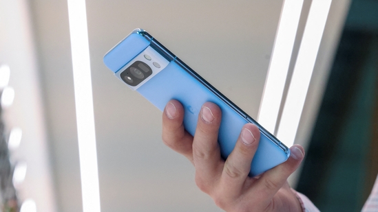 A person examines the new Pixel 8 Pro Phone in New York City on October 4.(Reuters)