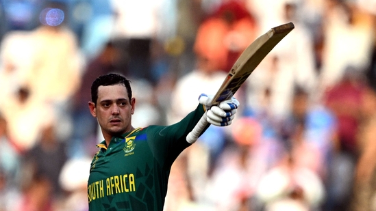 South Africa's Quinton de Kock celebrates after scoring a century (100 runs) during the 2023 ICC Men's Cricket World Cup one-day international (ODI) match between Australia and South Africa(AFP) South Africa's Quinton de Kock celebrates after scoring a century (100 runs) during the 2023 ICC Men's Cricket World Cup one-day international (ODI) match between Australia and South Africa(AFP)