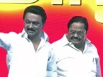 DMK president MK Stalin along with party leader Durai Murugan. (ANI) DMK president MK Stalin along with party leader Durai Murugan. (ANI)