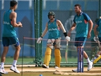 Australia's Sean Abbott (C), Cameron Green (2R) and Josh Hazlewood (L) attend a practice session on the eve of their 2023 ICC Men's Cricket World Cup one-day international (ODI) match against Sri Lanka(AFP) Australia's Sean Abbott (C), Cameron Green (2R) and Josh Hazlewood (L) attend a practice session on the eve of their 2023 ICC Men's Cricket World Cup one-day international (ODI) match against Sri Lanka(AFP)