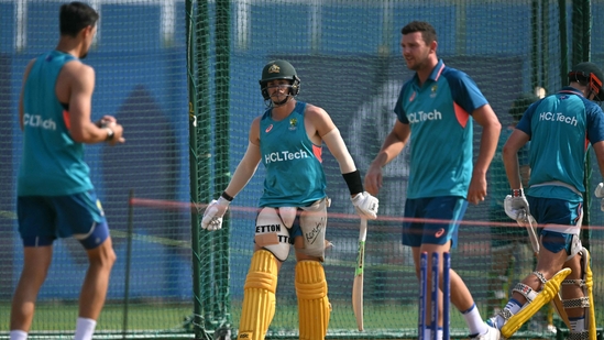 Australia's Sean Abbott (C), Cameron Green (2R) and Josh Hazlewood (L) attend a practice session on the eve of their 2023 ICC Men's Cricket World Cup one-day international (ODI) match against Sri Lanka(AFP) Australia's Sean Abbott (C), Cameron Green (2R) and Josh Hazlewood (L) attend a practice session on the eve of their 2023 ICC Men's Cricket World Cup one-day international (ODI) match against Sri Lanka(AFP)