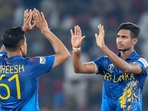 Sri Lanka's Matheesha Pathirana (R) celebrates with teammate after taking the wicket of Pakistan's Abdullah Shafique (AFP) Sri Lanka's Matheesha Pathirana (R) celebrates with teammate after taking the wicket of Pakistan's Abdullah Shafique (AFP)