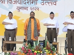 Rashtriya Swayamsevak Sangh (RSS) chief Mohan Bhagwat with singer Shankar Mahadevan and others during the RSS 'Vijayadashami Utsav', in Nagpur, Maharashtra, Tuesday, Oct. 24, 2023. (PTI) Rashtriya Swayamsevak Sangh (RSS) chief Mohan Bhagwat with singer Shankar Mahadevan and others during the RSS 'Vijayadashami Utsav', in Nagpur, Maharashtra, Tuesday, Oct. 24, 2023. (PTI)