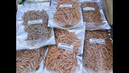 A stall selling millet-based delicacies at ‘Ann Utsav’ (HT PHOTO)