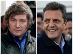 (COMBO) This combination of file pictures created on October 26, 2023, shows Argentine congressman and presidential pre-candidate for La Libertad Avanza Alliance, Javier Milei (L), casting his vote during primary elections at a polling station in Buenos Aires on August 13, 2023, and Argentine Economy Minister and presidential pre-candidate for the Union por la Patria party, Sergio Massa, speaking to the press after casting his vote during primary elections in Tigre, Argentina, on August 13, 2023. Argentina's unsuccessful presidential hopeful Patricia Bullrich said on October 25, 2023, she would be supporting libertarian outsider Javier Milei in a November 19 run-off against the country's economy minister, Sergio Massa. (Photo by Alejandro PAGNI and Luis ROBAYO / AFP)(AFP) (COMBO) This combination of file pictures created on October 26, 2023, shows Argentine congressman and presidential pre-candidate for La Libertad Avanza Alliance, Javier Milei (L), casting his vote during primary elections at a polling station in Buenos Aires on August 13, 2023, and Argentine Economy Minister and presidential pre-candidate for the Union por la Patria party, Sergio Massa, speaking to the press after casting his vote during primary elections in Tigre, Argentina, on August 13, 2023. Argentina's unsuccessful presidential hopeful Patricia Bullrich said on October 25, 2023, she would be supporting libertarian outsider Javier Milei in a November 19 run-off against the country's economy minister, Sergio Massa. (Photo by Alejandro PAGNI and Luis ROBAYO / AFP)(AFP)